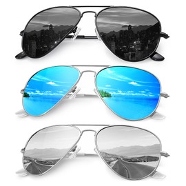 Aviator Sunglasses For Men Women Polarized Retro Sun Glasses Driving UV400 Protection, Black&Blue&Silver (M)