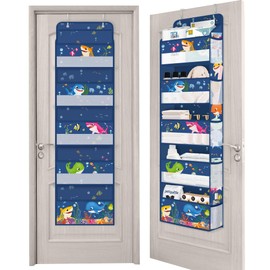 Clastyle Blue Marine Animals Kids Over the Door Organizer with 5 Large Pockets Sharks Nursery Hanging Storage Organizer Clothes Diaper Toy Closet Door Hanging Shelf Storage for Bedroom Bathroom Pantry