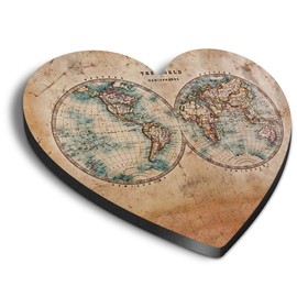 1 x Heart MDF Magnets - World Hemispheres Vintage Style Map 14392