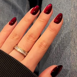 KQueenest Soft Gel Press on Nails Short Oval, Black Red Cat Eye Press on Nails Short Almond, Sparkly Dark Burgundy Fake Nails Set, Reusable Chrome Goth Glue on Nails for Women, 30 Pcs