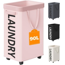 Optish Pink Laundry Basket with Wheels, Dorm Room Essentials Girl, 90L Rolling Laundry Hamper with Wheels, Large Clothes Hamper on Wheel with Removable Mesh Bag for Bedroom, Dorm