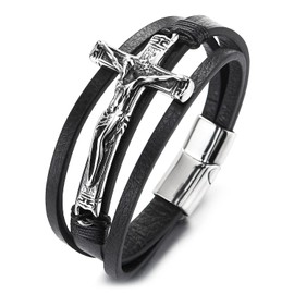 COOLSTEELANDBEYOND Stainless Steel Jesus Christ Crucifix Horizontal Side Cross Multi-Strand Black Leather Bracelet Bangle for Men Women