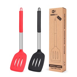 Pack of 2 Silicone Slotted Spatula, Non Stick Kitchen Turners, High Heat Resistant BPA Free Kitchen Utensils, Ideal Cookware for Fring Fish, Eggs, Meat,French Fries (Black-Red)