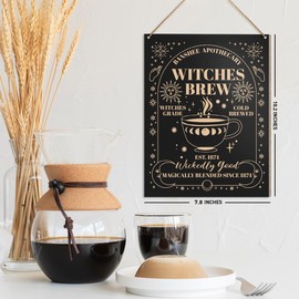 UDNADKEX Witch Coffee Bar Hanging Sign Decor, Banshee Apothecary, Witches Home Kitchen Coffee Shop Station Wooden Sign Wicca Witchy Decor Gothic Coffee Corner Cafe Wall Decoration