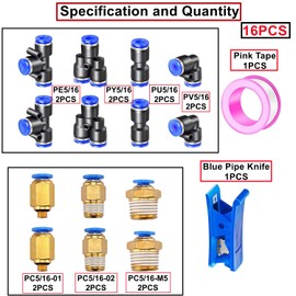 HUAZIZ Blue 10m Air PU Pneumatic Hose, 5/16 Inch Pneumatic Polyurethane Pneumatic Hose, 8mm Outer Diameter with 14 Pieces Pneumatic Connector + 1 Hose Cutter + 1 Roll Tape