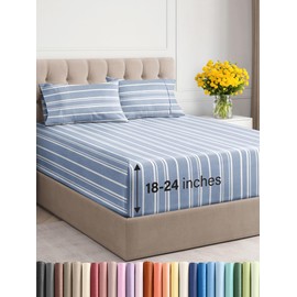 Extra Deep Twin XL Sheet Set - 4 Piece Breathable & Cooling Sheets - Hotel Luxury Bedding Set 18-24 Inch Extra Deep Pockets - Easy Fit, Super Soft, Wrinkle Free & Comfy - Blue Stripes, Twin XL Size