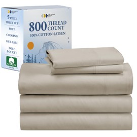California Design Den Split King Sheet Set, Luxury 800 Thread Count, 100% Cotton Sateen, 5-Pc Bedding with Deep Pockets, Cooling & Softer Than Egyptian Cotton Sheets - Beige
