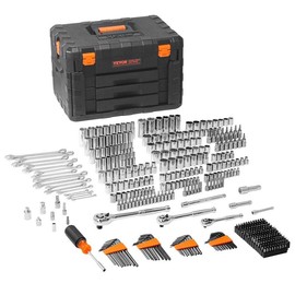 VEVOR Mechanics Tool Set and Socket Set, 1/4" 3/8" 1/2 Drive Deep and Standard Sockets, 145/205/450 Pcs SAE and Metric Mechanic Tool Kit with Bits, Combination Wrench, Hex Wrenches, Accessories, Storage Case:_1/4"、3/8"、1/2" - 450 Pcs