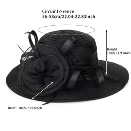 Women Organza Kentucky Sun-Hats - Wide-Brim Flower Church Hats Beach Derby Hat for Tea Party Wedding Bridal Dress Black