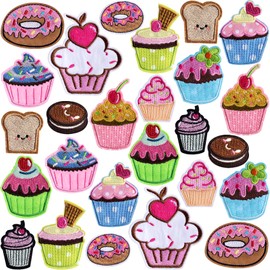 PAGOW 26 Pieces Cupcake Embroidered Patches，Colourful Iron on Patches for Kids Clothing Jackets Bags, DIY Sweet Embroidery Patches Cute Sewing Craft Decoration