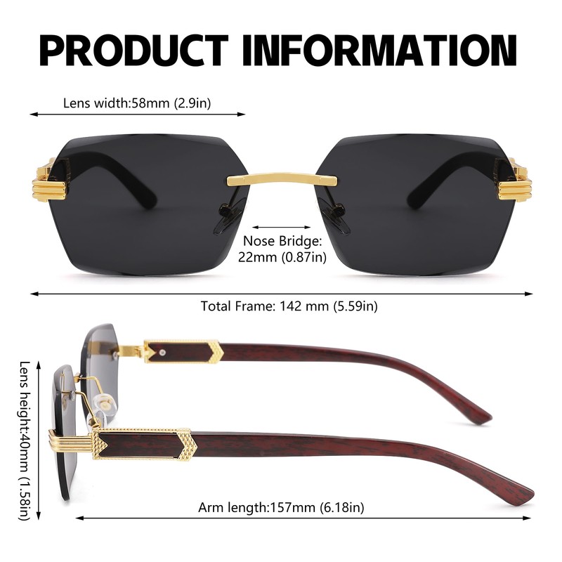 LIU·WEN Fashion Rimless Sunglasses for Men 3 Pack - Retro