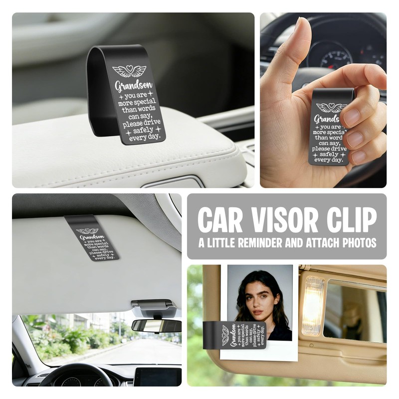 Grandson Drive Safe Car Visor Clip, Stainless Steel Laser Engraved