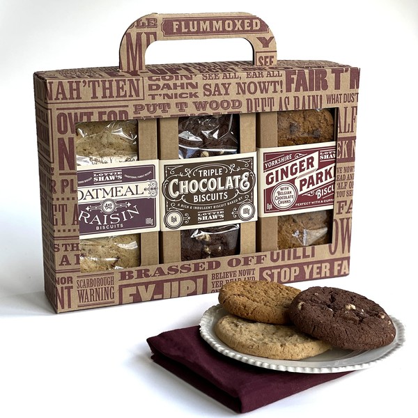 Lottie Shaws - Luxury Gift Box of 3 Packs of Biscuits 600g, Includes Yorkshire Ginger Parkin, Triple Chocolate and Oatmeal Raisin Biscuits, 8 Biscuits in Each Pack Great Treat, Indulgent Gift with Tag
