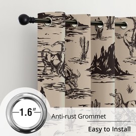 Western Cowboy Blackout Curtains – 100% Blackout Rustic Western Rodeo & Cowboy Design, Thermal Insulated Noise Reducing for Bedroom, Living Room & Man Cave (Desert Cowboy Sketch, W52xL84, 2 Panels)