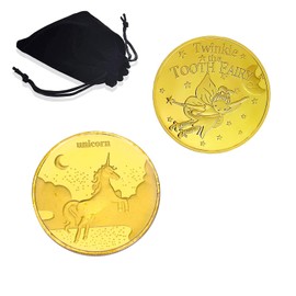 Catelves Tooth Fairy Coins Unicorn Tooth Fairy Gifts, Pack of 2 Tooth Fairy Gold Taler with Storage Bags, Gold Coins Children, Gift Tooth Fairy Boy, Tooth Fairy Gifts Girls