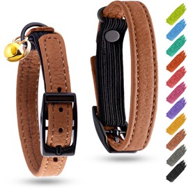 Cat Collar Leather with Bell & Elastic Strap - Pet Collar Leather - Leather Kitten Collar - Cats Small and Big Cat Collar for Boy Cats, Girl Cats with Safety Elastic Strap (Brown, 6" - 8")