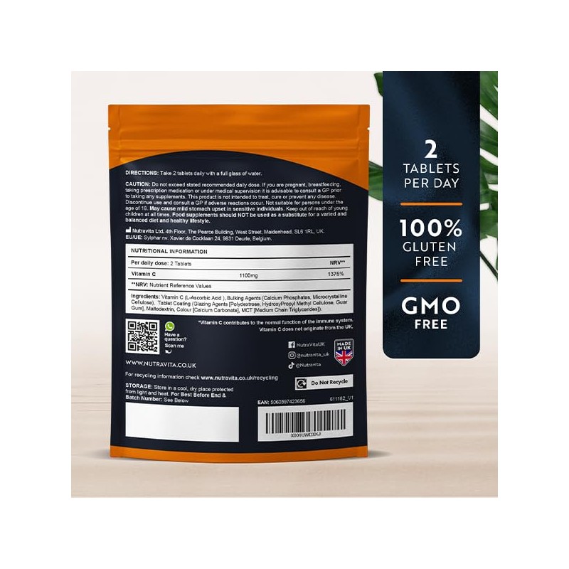 Nutravita Vitamin C Tablets 1100mg – 180 Premium Vegan and