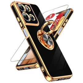 LeYi for Moto-G-5G-2025 Case: 【𝐍𝐨𝐭 𝐅𝐢𝐭 𝐆 𝐏𝐨𝐰𝐞𝐫 𝟐𝟎𝟐𝟓】 1 Pack Tempered Glass Screen Protector and 360° Rotatable Ring Holder Magnetic Kickstand, Plating Rose Gold Edge Case, Black