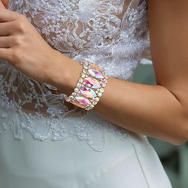 BriLove Wedding Bridal Elegant Crystal Double Row Rhinestones Marquise Cluster Stretch Bangle Bracelet for Bride Iridescent AB Silver-Tone