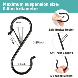 Navona 40 Pcs S Hooks for Hanging Heavy Duty, 3.5-inch Heavy Duty Metal S Hook with Safety Buckle, Suitable for 0.5 inch Rods, S Hook for Hanging Plants, Closet, Kitchen Utensil, Pot, Pan, Bags