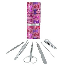 Cute Girly Pink and Purple Bows Pattern Stainless Steel Manicure Pedicure Grooming Beauty Care Travel Kit