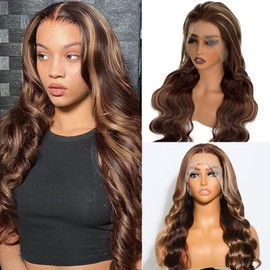 OiMiGO HD Transparent Lace Front Wig Human Hair 28Inch 13x4 Highlight Lace Frontal Wigs Human Hair Pre Plucked 180% Density 4/27 Honey Blonde Body Wave Wigs for Women