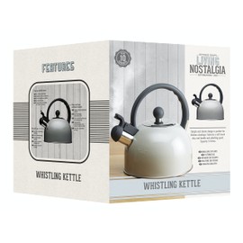 Induction-suitable whistling kettle of the Living Nostalgia series by KitchenCraft, 1.3 L, kettle in antique cream color, metal, gray, 18 x 21.5 x 21 cm