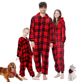 Seaforie Matching Pajamas for Couples,2024 Adult Onesies Flannel Pijamas for Women,One-Piece Red Plaid Fleece Men's Pjs (Women Medium)