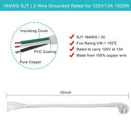 Cable de extensión de alimentación corto de 1 pies, cable de extensión de cabeza plana de ángulo recto con enchufe plano de perfil bajo de 3 clavijas, cable de alimentación flexible SJT de 16 AWG