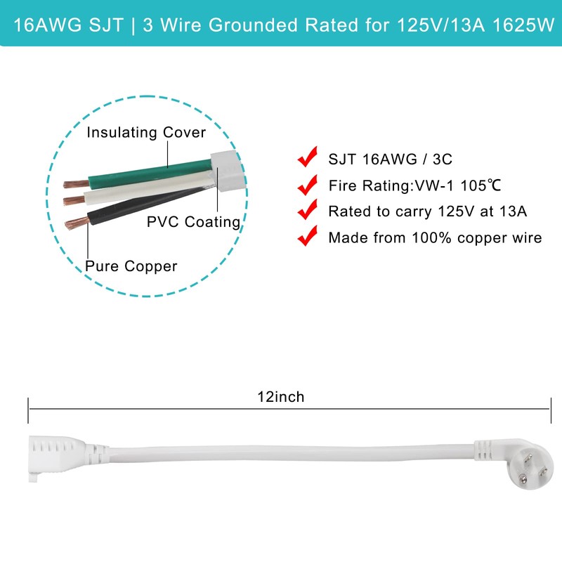 Cable de extensión de alimentación corto de 1 pies, cable