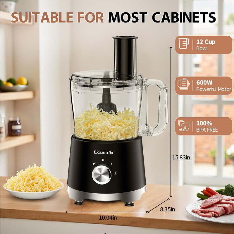 Food Processor and Vegetable Chopper 600W BPA Free 12-Cup Bowl,