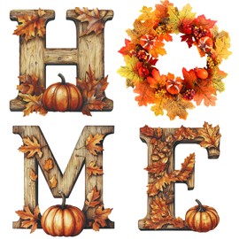 AceOrbit Fall Wood Home Sign Home Wall Decor with Artificial Eucalyptus Wreath Farmhouse Pumpkin Leaf Autumn Wall Hanging Wooden Letters Decor for Thanksgiving Gifts Kitchen Living Room Entryway