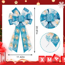 ABTOLS Large LED Christmas Wreath Bows, LED Light Christmas Bows for Wreath Blue White Snowflake Wreath Bows Christmas Winter Bows for Front Door Xmas Bows for Indoor Outdoor Decor