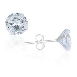 Sterling Silver Solitaire Zircon Stud Earrings Square or Round Shaped (Round 7mm)