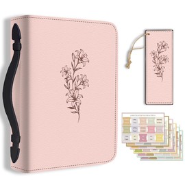 Hobbspring Lily Bible Case for Men Women Linear Plant Bible Cover with Bookmark Beautiful Flower Carry Bag with Handle and Zip PU Leather Bag for Adults Students Pink
