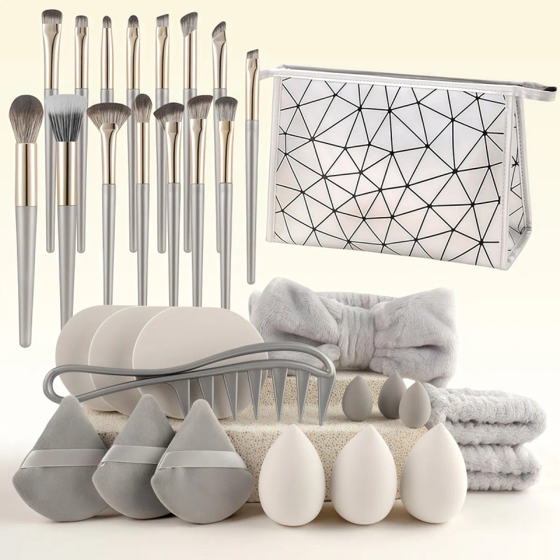 Kit De Herramientas De Maquillaje Con Brochas Y Esponjas Gris