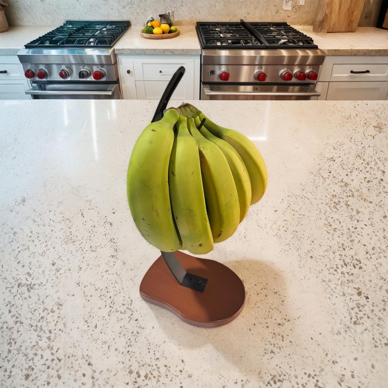 Modern Banana Stand with Wooden Base, 33 cm Height, Metal
