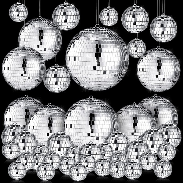 50 Pcs Disco Balls Ornaments Mini Disco Balls Silver Hanging Decorations Reflective Mirror Ball Cake Decoration 70s Disco Party Supplies for Christmas Festive (1.2 Inch, 2 Inch, 3.2 Inch, 6 Inch)