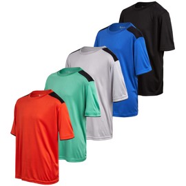 iXtreme Boys Athletic Shirts - 5 Pack Short Sleeve Dry Fit T-Shirts - Moisture Wicking Boys Shirts Summer Clothes (6-18), Size 12-14, Black/Green/Grey/Orange/Royal