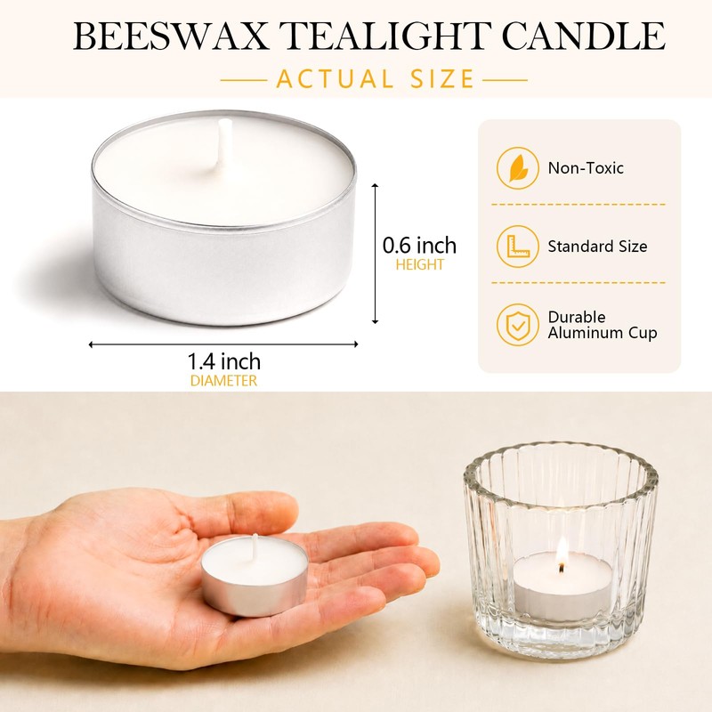 48 Pack White Natural Beeswax Tealight Candles Aluminum Cups 4-5