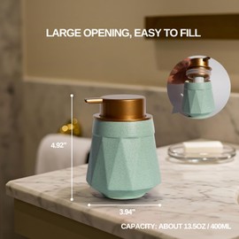 Luxflowing Ceramic Foaming Hand Soap Dispenser with Pump, Featuring Artistic Geometric Shapes, a Refillable Liquid Dispenser for Kitchen and Bathroom Countertops (Green)