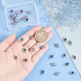 UNICRAFTALE about 30pcs 15 Colors Flat Round Rhinestone Links Connect Pendant Stainless Steel Linking Charms Mixed Color Birthstone Jewelry Links for Jewelry Making Hole 2mm