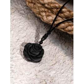 MINACHI Gothic Black Obsidian Rose Floral Pendant Necklace with Braided Cord, Gothic Jewelry Gift for Women