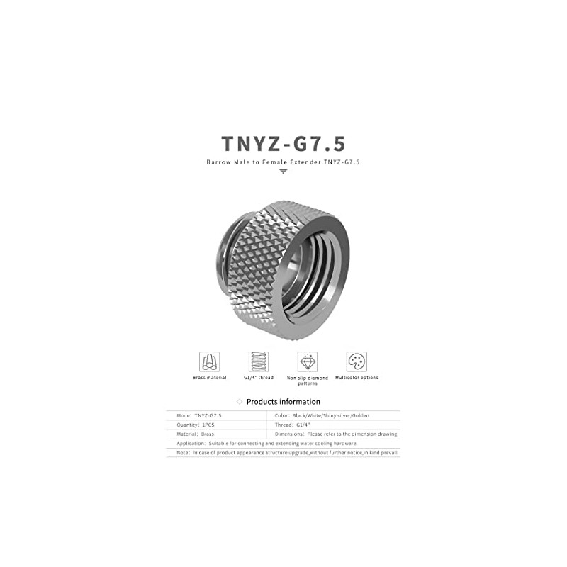Barrow G1/4" Male to Female Extender Fitting, 7.5mm, Silver Shiny