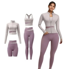 ZiaWorld 4pcs Women'S Yoga Wear Workout Set with Zipper Long Sleeve Jacket Fitness Yoga Leggings Sports Bra for Running Fitness Seamless Tracksuit (Purple, L)