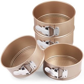 Funnymoom 4 Pcs 6 Inch Non Stick Springform Pan with Removable Bottom Carbon Steel Round Springform Cheesecake Pan with Stainless Steel Spring Buckles for Baking Kitchens Restaurant(Champagne Gold)