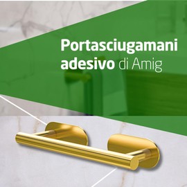 Amig - Portasciugamani adesivo da bagno Mod. Ea-1 | Supporto da parete per asciugamani Adesivo senza viti | 230 x Ø19 x 70 x 45 mm | Acciaio inossidabile | Oro opaco