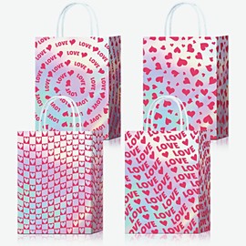 OURBAGIL 24 Pcs Valentine Gift Bags, Red Hearts Valentines Day Gift Bags Goodie Bags for Valentines Wedding Anniversary Birthday Classroom Party Gift Exchange Supplies