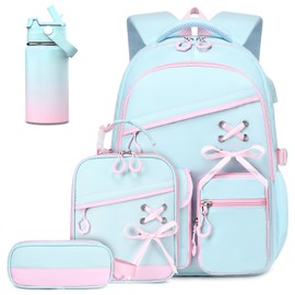 DIGOBAY Backpacks for Girls - 6PCS Girls Backpack with 14oz Insulated Water Bottle, School Backpacks with Lunch Bag & Pencil Pouch for Girl Students Bookbag with Kids Water Bottle Stainless Steel