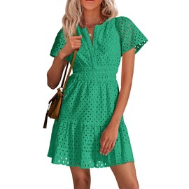 PRETTYGARDEN Womens 2025 Summer Short Dress V Neck Short Sleeve A Line Hollow Out Lace Ruffle Cute Casual Beach Party Dresses (Green,Small)